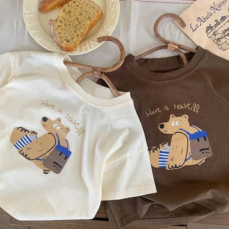 Boys Casual Loose O-Neck Short Sleeve T-Shirt with Printed Bear Summer Wear in white and brown colors 