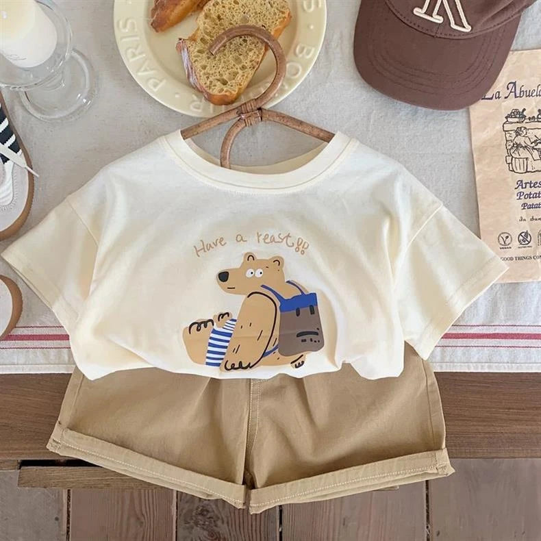 Boys Casual Loose O-Neck Short Sleeve T-Shirt with Printed Bear Summer Wear by Yamza Tots' Closet