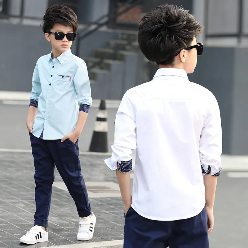 Boys Cotton Fashion Shirt Casual School Style Teen Kids Long Sleeve Top in light blue and white worn by a stylish boy with sunglasses
