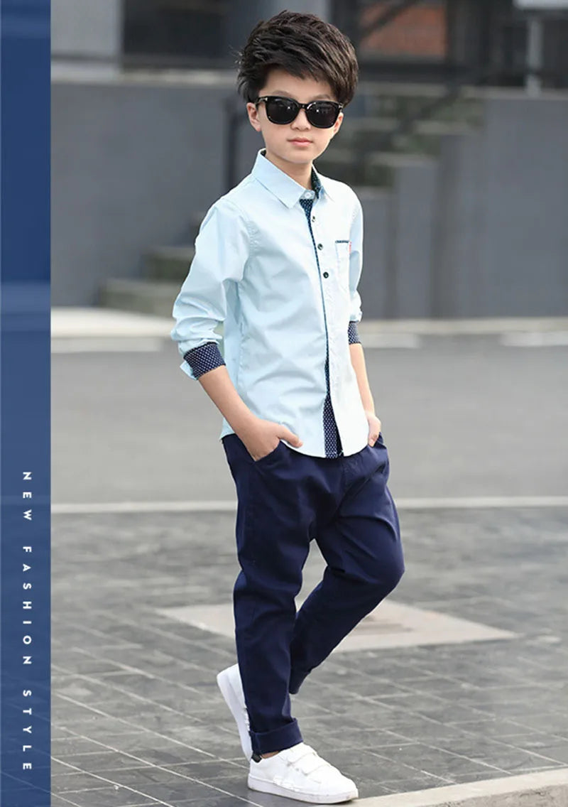 Boys Cotton Fashion Shirt Casual School Style Teen Kids Long Sleeve Top worn by boy with sunglasses and navy pants 