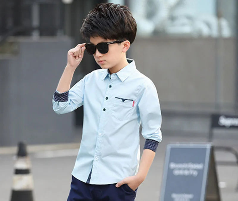 Boys Cotton Fashion Shirt Casual School Style Teen Kids Long Sleeve Top light blue worn by boy with sunglasses