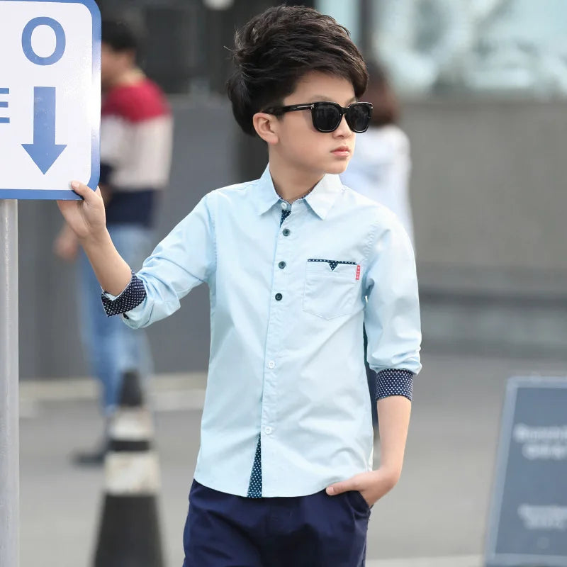 Boys Cotton Fashion Shirt Casual School Style Teen Kids Long Sleeve Top in light blue with navy accents worn by a boy with sunglasses