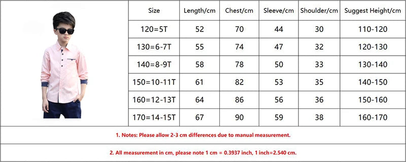 Boys Cotton Fashion Shirt Casual School Style Teen Kids Long Sleeve Top worn by boy in sunglasses with size chart beside