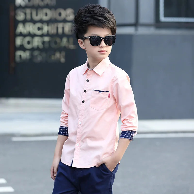 Boyss Cotton Fashion Shirt Casual School Style Teen Kids Long Sleeve Top worn by boy with sunglasses