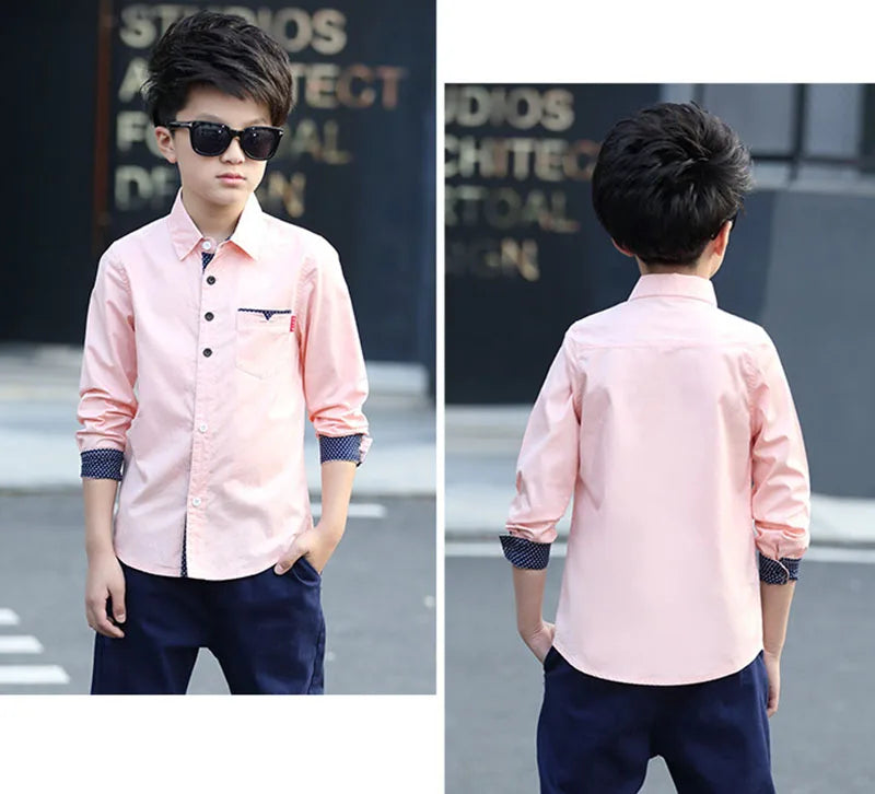 Boys Cotton Fashion Shirt Casual School Style Teen Kids Long Sleeve Top in light pink with navy details
