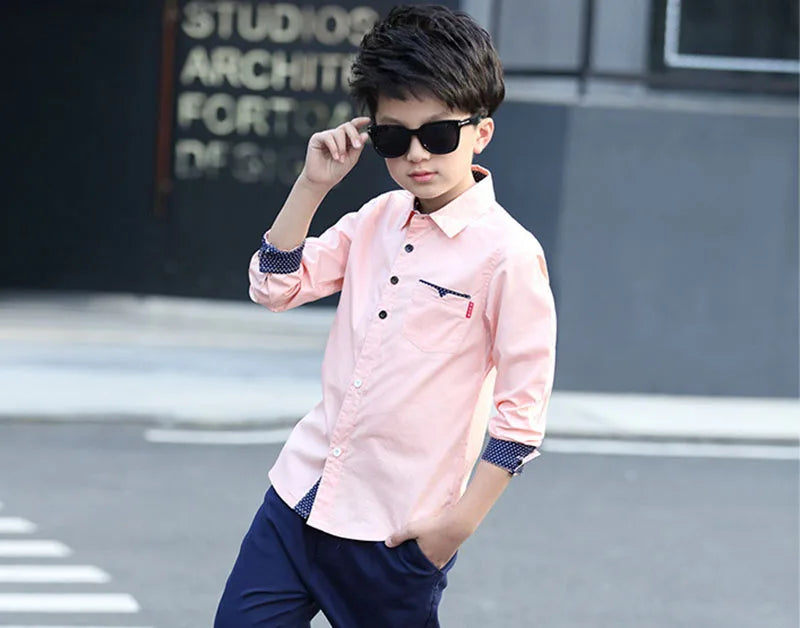 Boy wearing Boys Cotton Fashion Shirt Casual School Style Teen Kids Long Sleeve Top in light pink with navy details