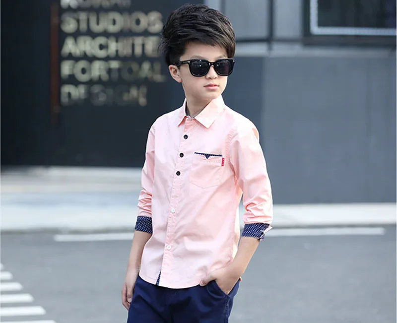 Boys Cotton Fashion Shirt Casual School Style Teen Kids Long Sleeve Top in light pink worn by boy with sunglasses