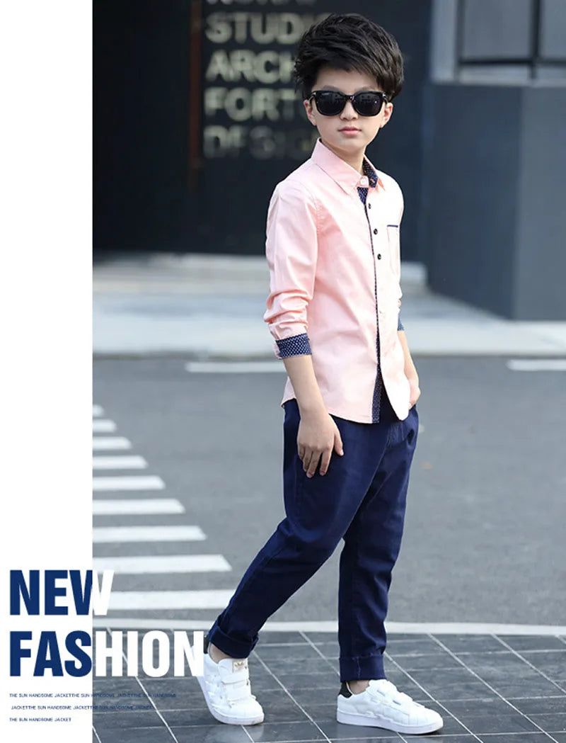 Boys Cotton Fashion Shirt Casual School Style Teen Kids Long Sleeve Top in light pink worn with navy pants