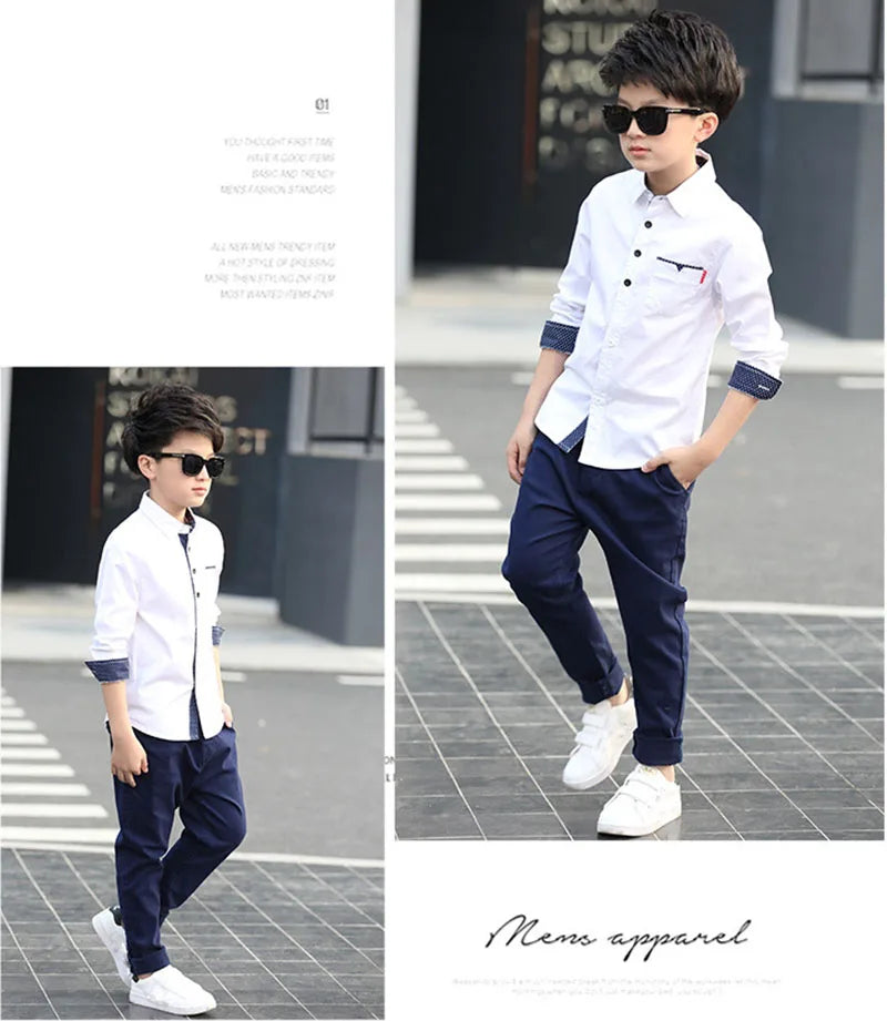 Boys Cotton Fashion Shirt Casual School Style Teen Kids Long Sleeve Top worn with navy pants and white sneakers