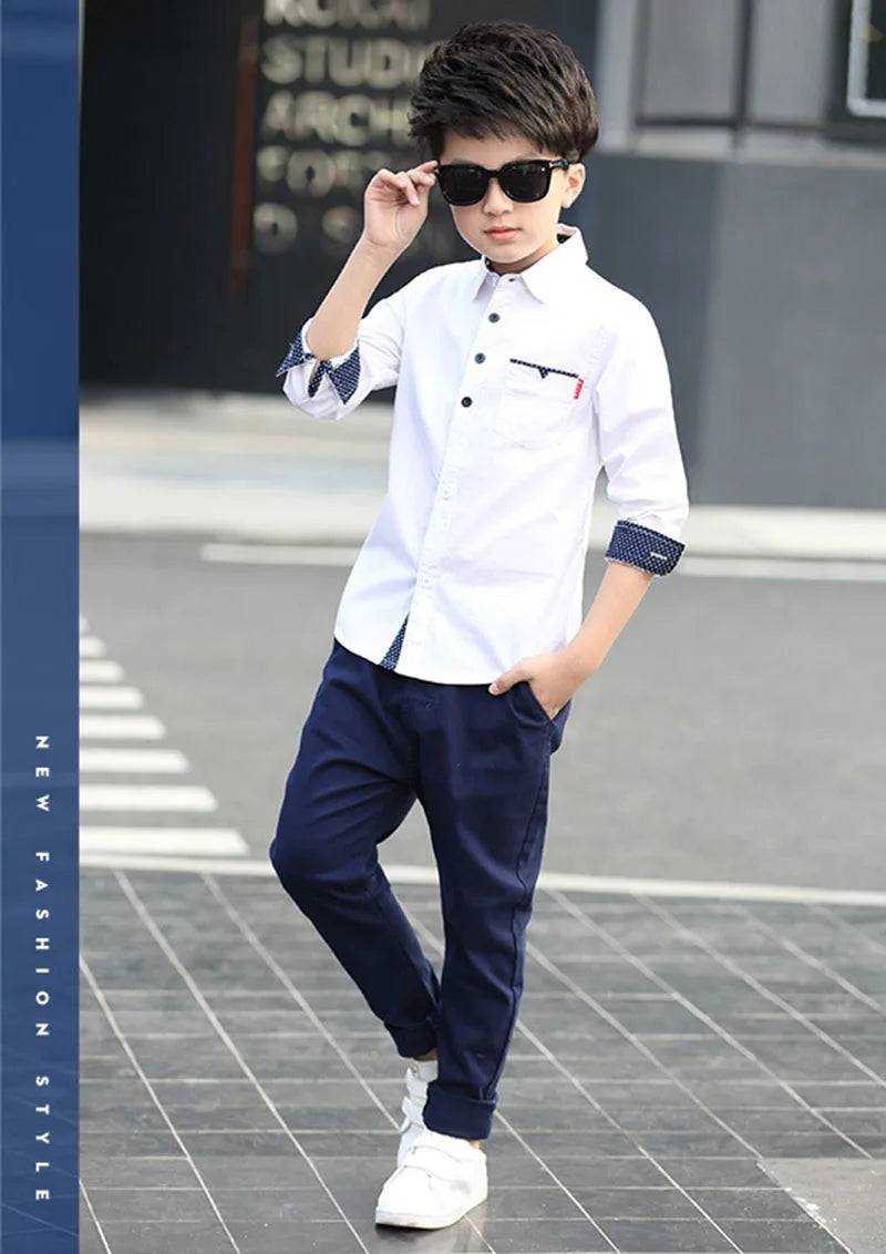 Boys Cotton Fashion Shirt Casual School Style Teen Kids Long Sleeve Top worn by a young boy with navy pants and sunglasses