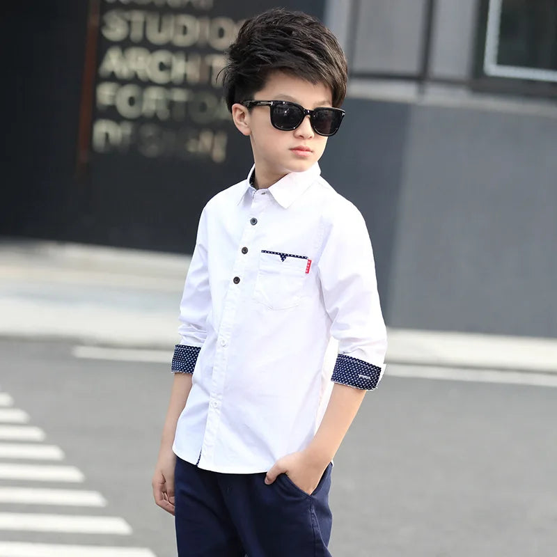 Boys Cotton Fashion Shirt Casual School Style Teen Kids Long Sleeve Top worn by boy with sunglasses