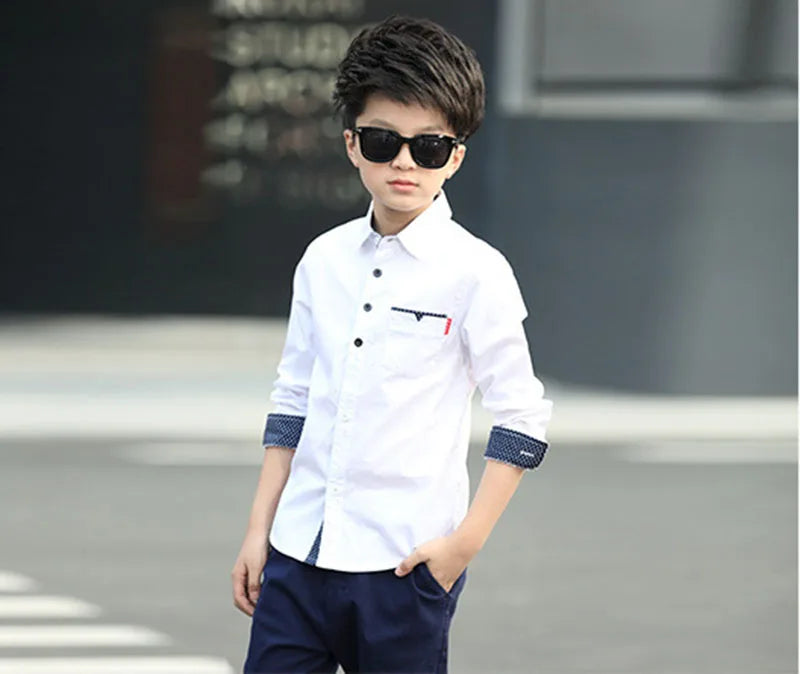 Boys Cotton Fashion Shirt Casual School Style Teen Kids Long Sleeve Top worn by boy with sunglasses and navy pants