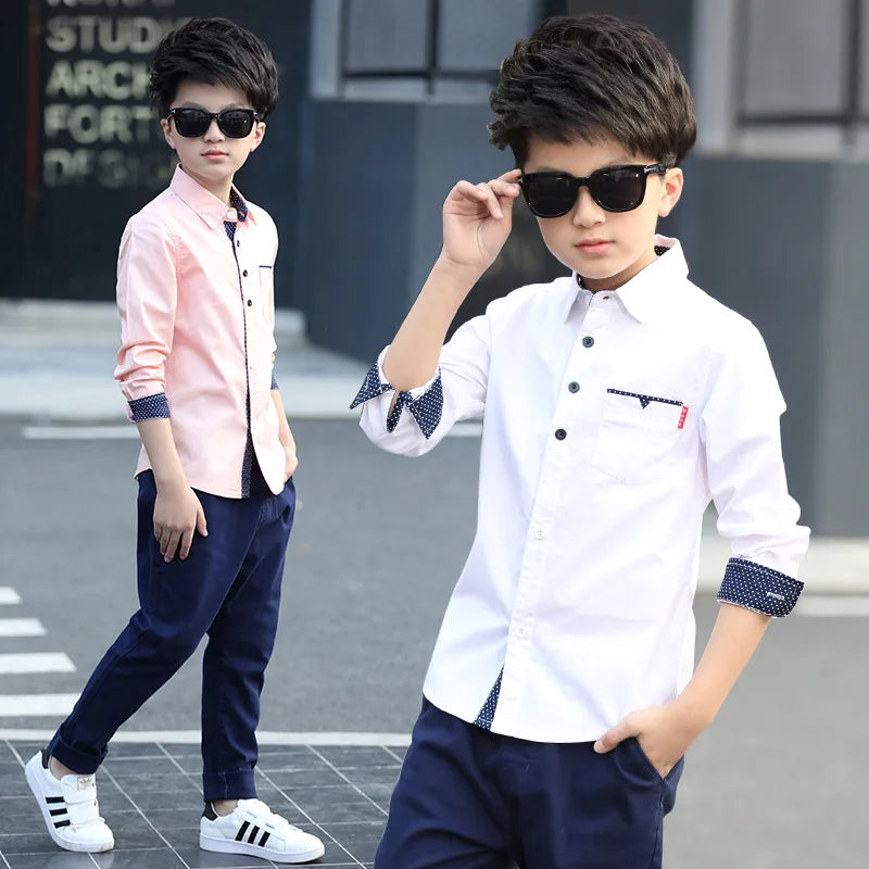 Boys cotton fashion shirt casual school style teen kids long sleeve top in white and pink worn by boys with sunglasses