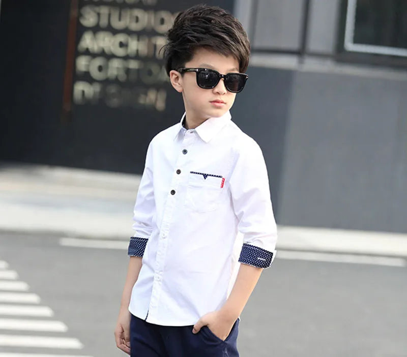 Boys Cotton Fashion Shirt Casual School Style Teen Kids Long Sleeve Top in white with black buttons and patterned cuffs