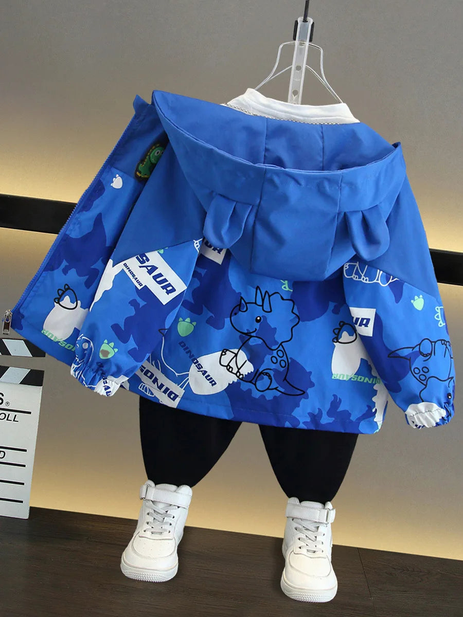 Boys Hooded Jacket Casual Coat Color Block Dinosaur Print Spring Autumn Wear in blue with hood and playful dinosaur design