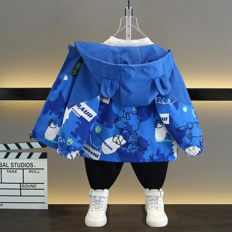 Boys Hooded Jacket Casual Coat Color Block Dinosaur Print Spring Autumn Wear in blue with dinosaur designs