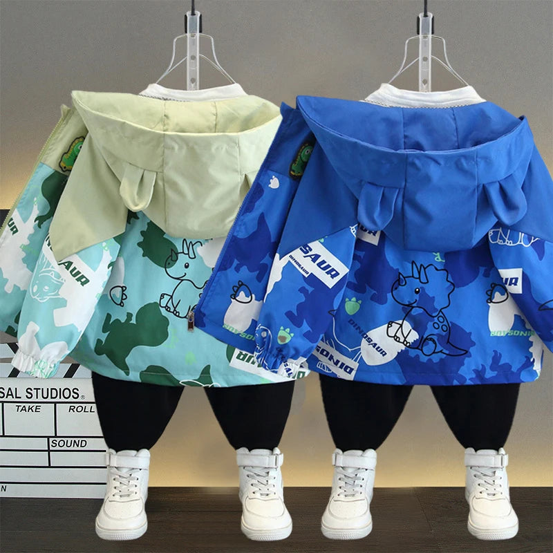Boys hooded jacket casual coat color block dinosaur print spring autumn wear in green and blue colors