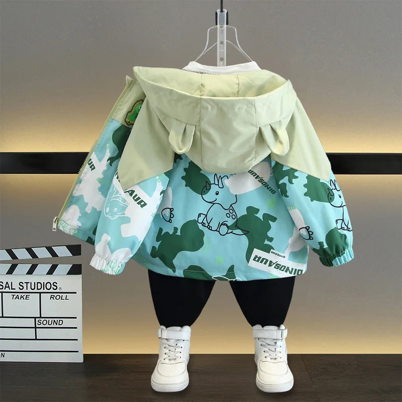 Boys Hooded Jacket Casual Coat Color Block Dinosaur Print Spring Autumn Wear with light green hood and blue dinosaur patterns