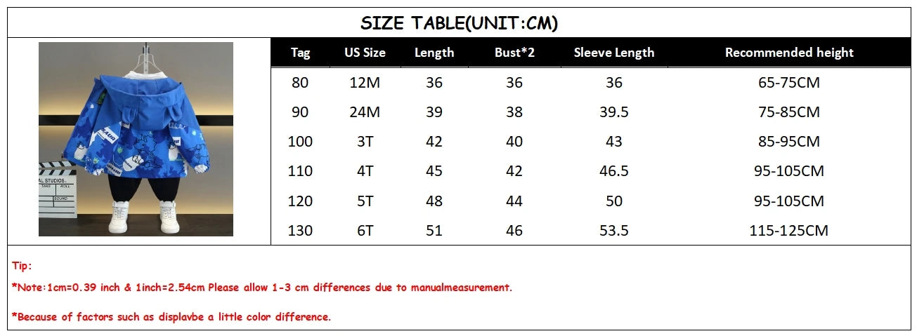Size chart for boys hooded jacket casual coat color block dinosaur print spring autumn wear with measurements in centimeters