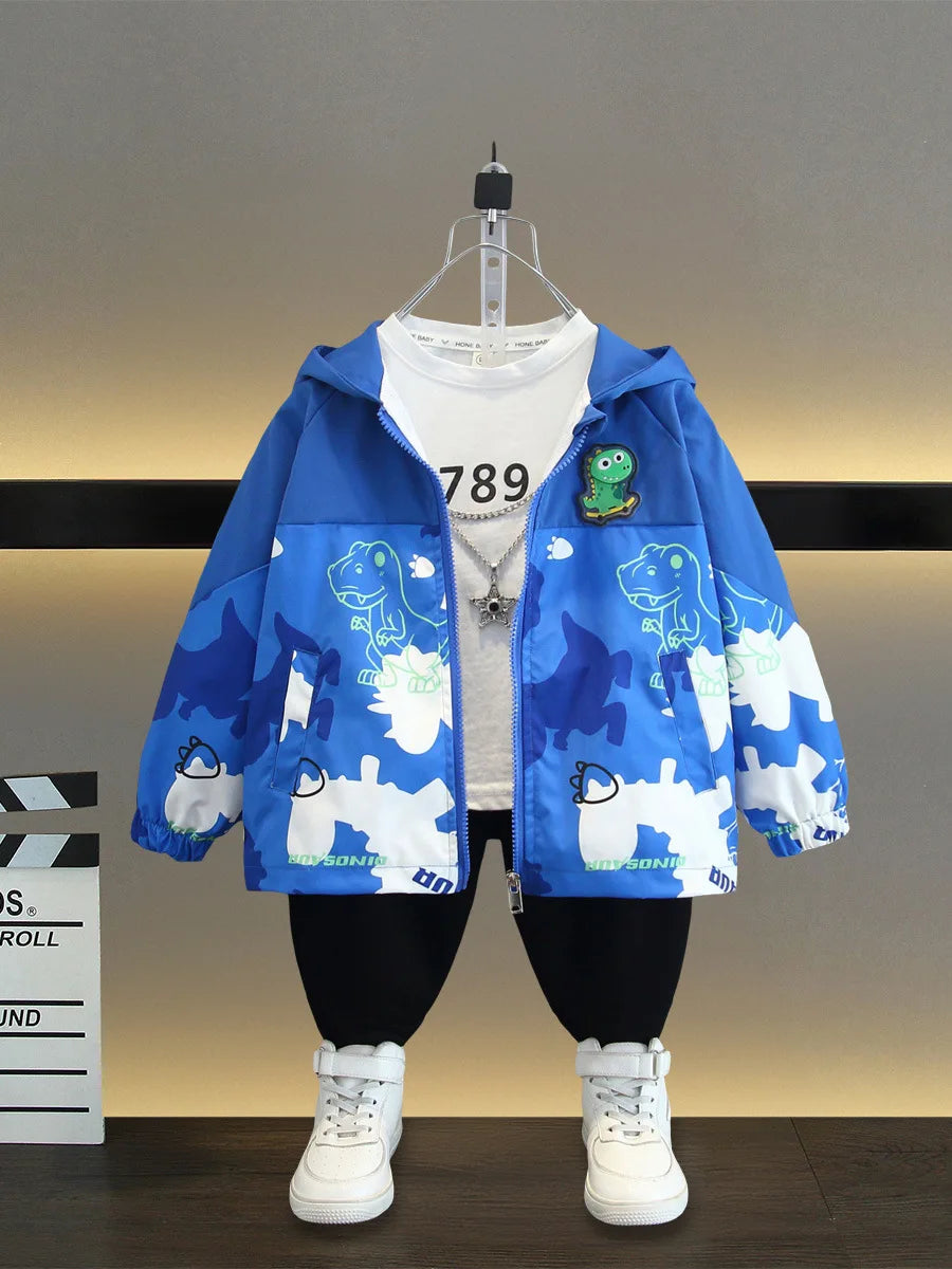 Boys Hooded Jacket Casual Coat Color Block Dinosaur Print Spring Autumn Wear in blue with dinosaur graphics
