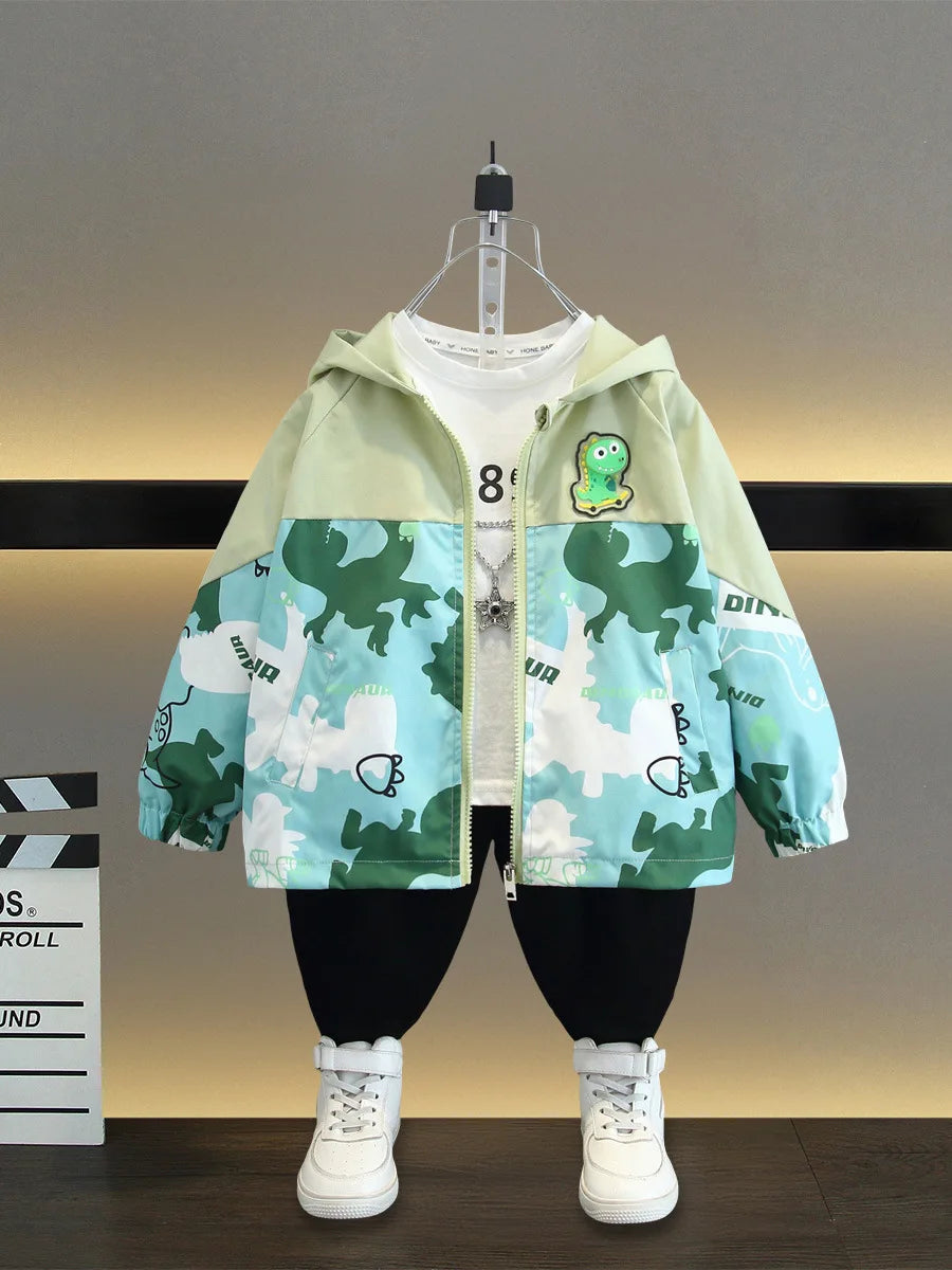 Boys Hooded Jacket Casual Coat Color Block Dinosaur Print Spring Autumn Wear with green and blue panels