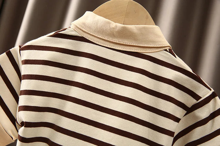 Boys Korean Fashion Stripe Short Sleeve Top and Pants Summer Kids Outfit Set with brown and beige stripes 