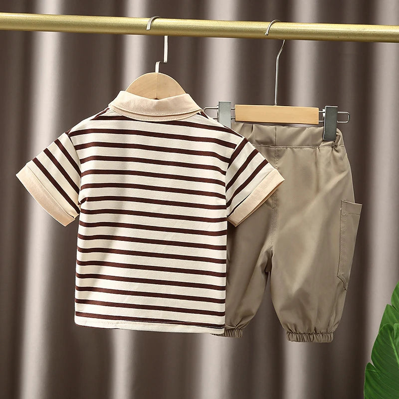 Boys Korean Fashion Stripe Short Sleeve Top and Pants Summer Kids Outfit Set in brown and beige hanging on wooden hangers