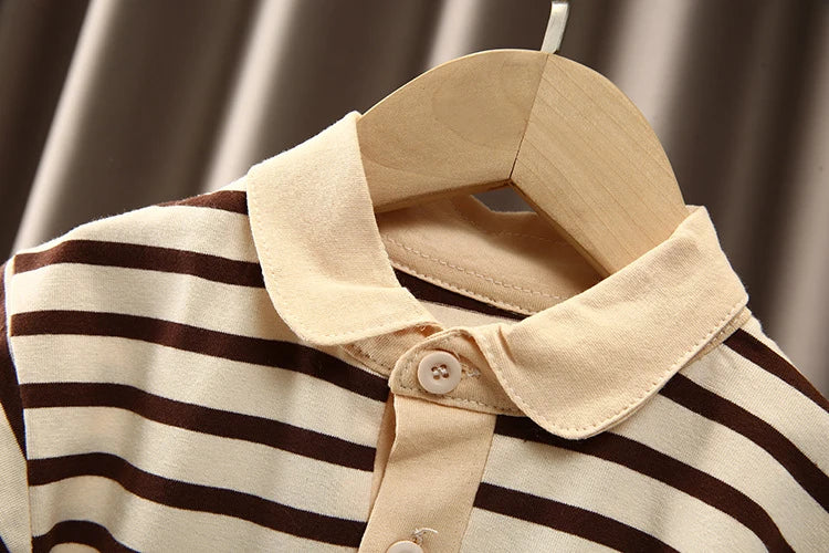 Close-up of Boys Korean Fashion Stripe Short Sleeve Top and Pants Summer Kids Outfit Set with beige collar and brown stripes