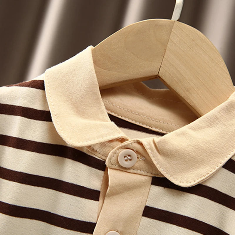 Boys Korean Fashion Stripe Short Sleeve Top and Pants Summer Kids Outfit Set with beige collar and brown stripes