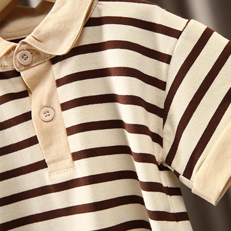 Boys Korean Fashion Stripe Short Sleeve Top and Pants Summer Kids Outfit Set with brown and beige stripes