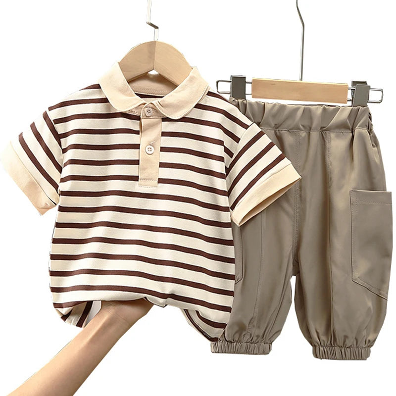 Boys Korean Fashion Stripe Short Sleeve Top and Pants Summer Kids Outfit Set in brown and beige tones