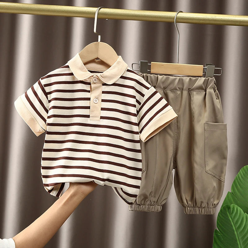 Boys Korean Fashion Stripe Short Sleeve Top and Pants Summer Kids Outfit Set in beige and brown