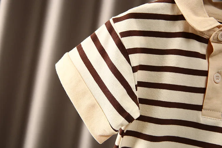 Close-up of Boys Korean Fashion Stripe Short Sleeve Top and Pants Summer Kids Outfit Set with brown and beige stripes