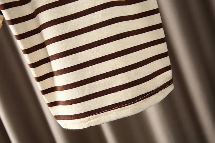 Boys Korean Fashion Stripe Short Sleeve Top and Pants Summer Kids Outfit Set featuring brown and cream stripe fabric detail