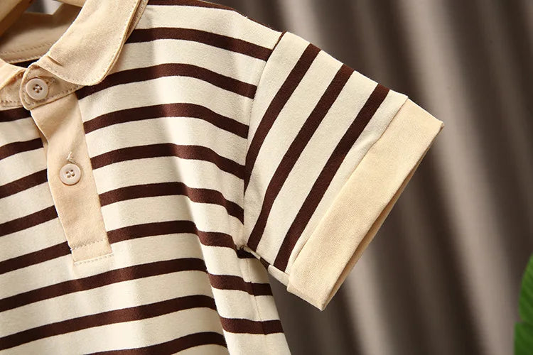 Close-up of Boys Korean Fashion Stripe Short Sleeve Top and Pants Summer Kids Outfit Set with brown and cream stripes