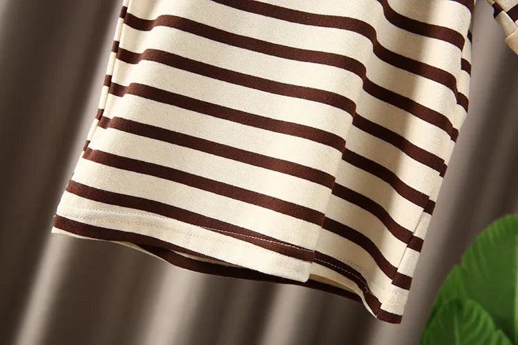 Close-up of Boys Korean Fashion Stripe Short Sleeve Top and Pants Summer Kids Outfit Set featuring brown and cream stripes