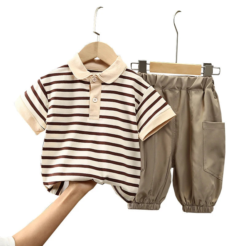 Boys Korean Fashion Stripe Short Sleeve Top and Pants Summer Kids Outfit Set with beige and brown stripes and khaki pants
