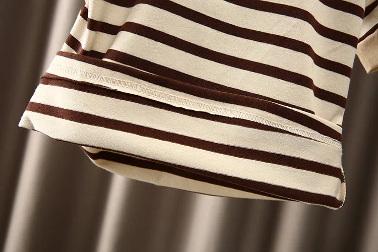 Close-up of Boys Korean Fashion Stripe Short Sleeve Top and Pants Summer Kids Outfit Set brown and cream striped fabric