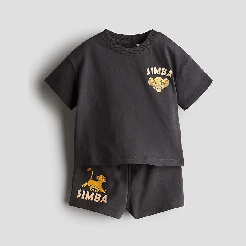 Boys Simba Print Short Sleeve T-Shirt and Shorts Tracksuit Summer Outfit in black featuring Simba graphic from Yamza Tots' Closet
