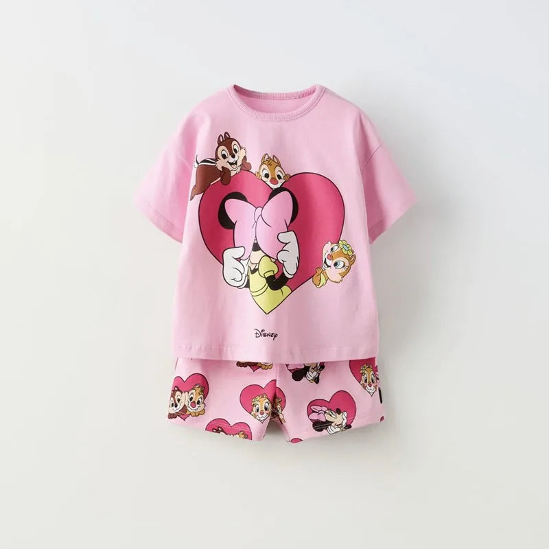 Boys Simba Print Short Sleeve T-Shirt and Shorts Tracksuit Summer Outfit in pink with cartoon characters  