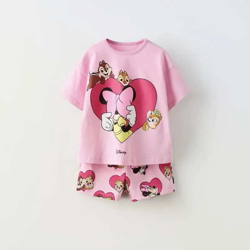 Boys Simba Print Short Sleeve T-Shirt and Shorts Tracksuit Summer Outfit in pink with cartoon characters 