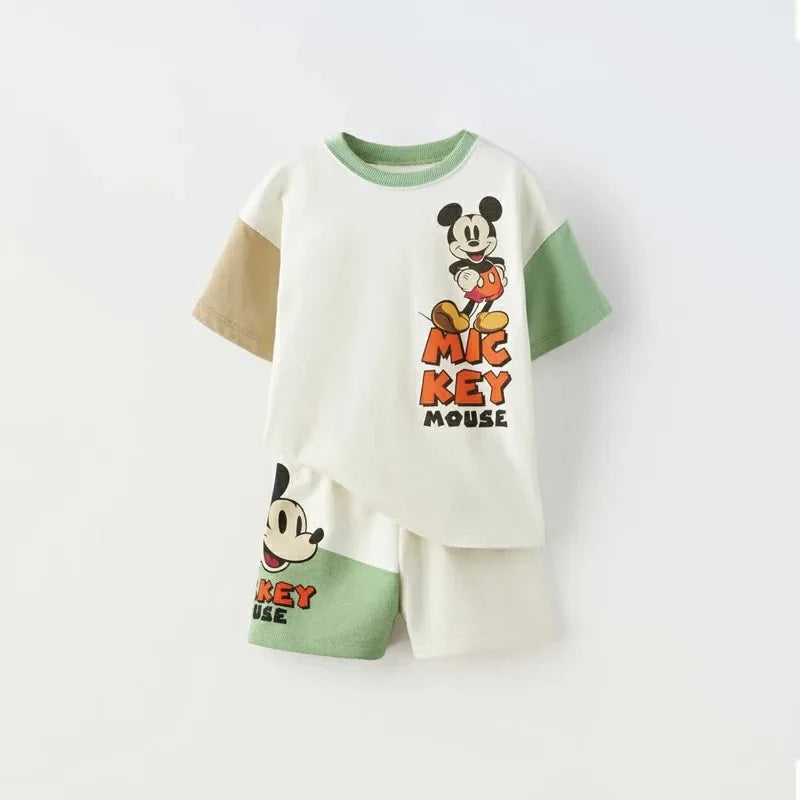 Boys Simba Print Short Sleeve T-Shirt and Shorts Tracksuit Summer Outfit featuring Mickey Mouse design in green and beige colors