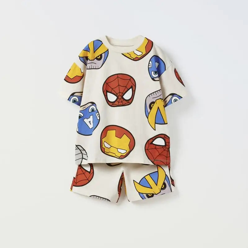 Boys Simba Print Short Sleeve T-Shirt and Shorts Tracksuit Summer Outfit with colorful superhero faces 
