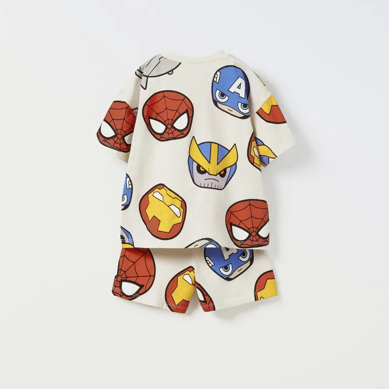 Boys Simba Print Short Sleeve T-Shirt and Shorts Tracksuit Summer Outfit in white with colorful superhero faces pattern