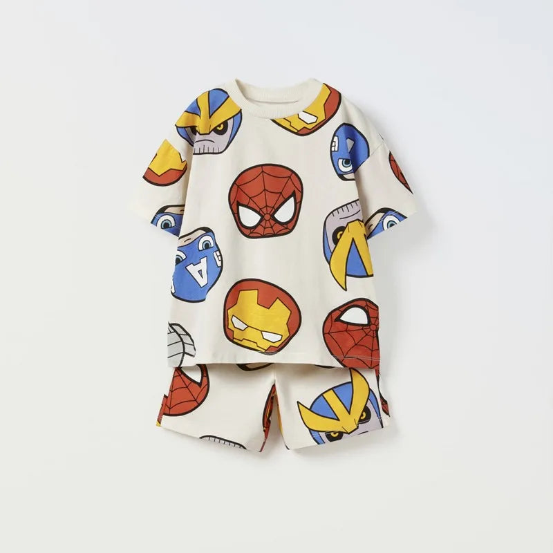 Boys Simba Print Short Sleeve T-Shirt and Shorts Tracksuit Summer Outfit with colorful superhero faces
