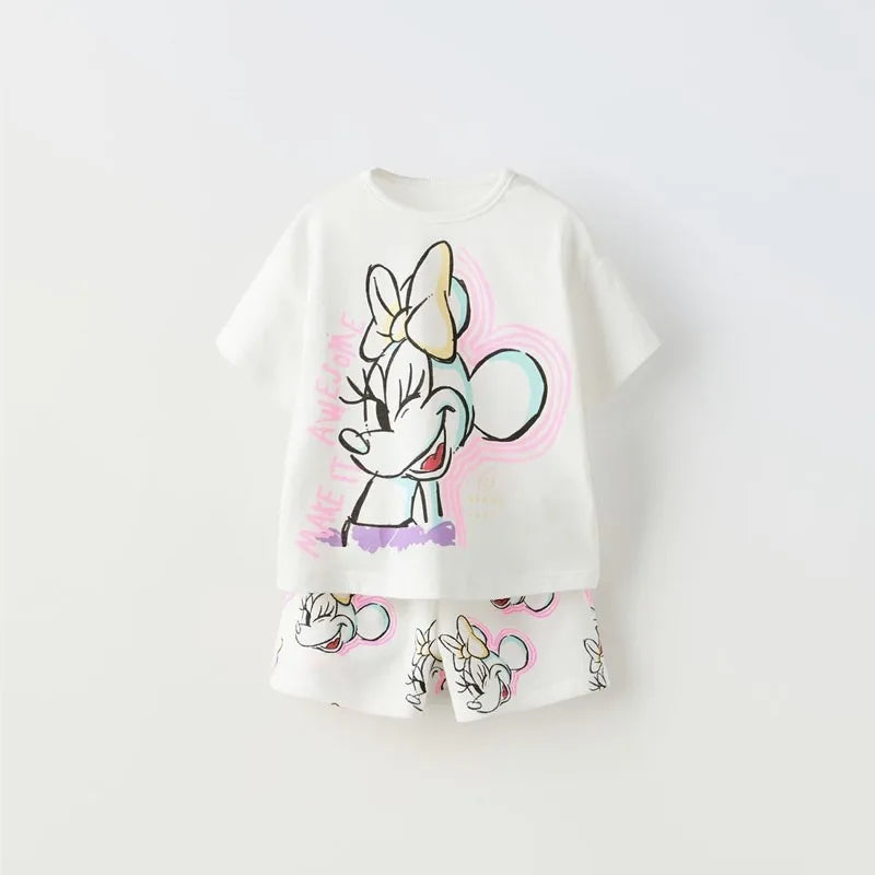 Boys Simba Print Short Sleeve T-Shirt and Shorts Tracksuit Summer Outfit featuring a white top and matching shorts with character prints