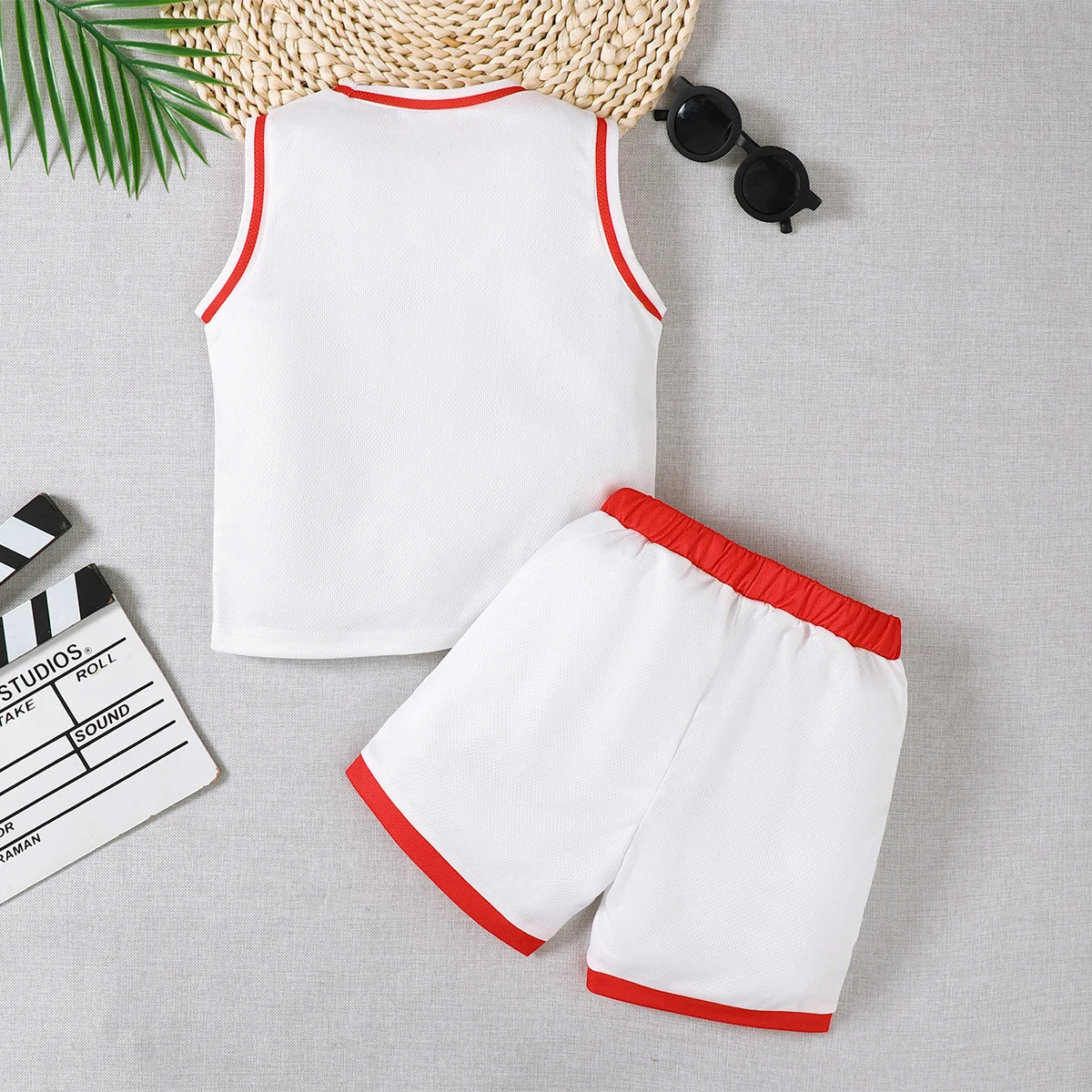 Boys Sports Style Set Round Neck Letter 23 Basketball Suit 2 Piece Summer Outfit in white with red trim