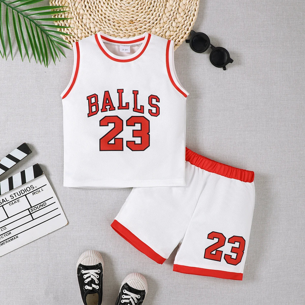 Boys Sports Style Set Round Neck Letter 23 Basketball Suit 2 Piece Summer Outfit in white and red with sleeveless top and matching shorts