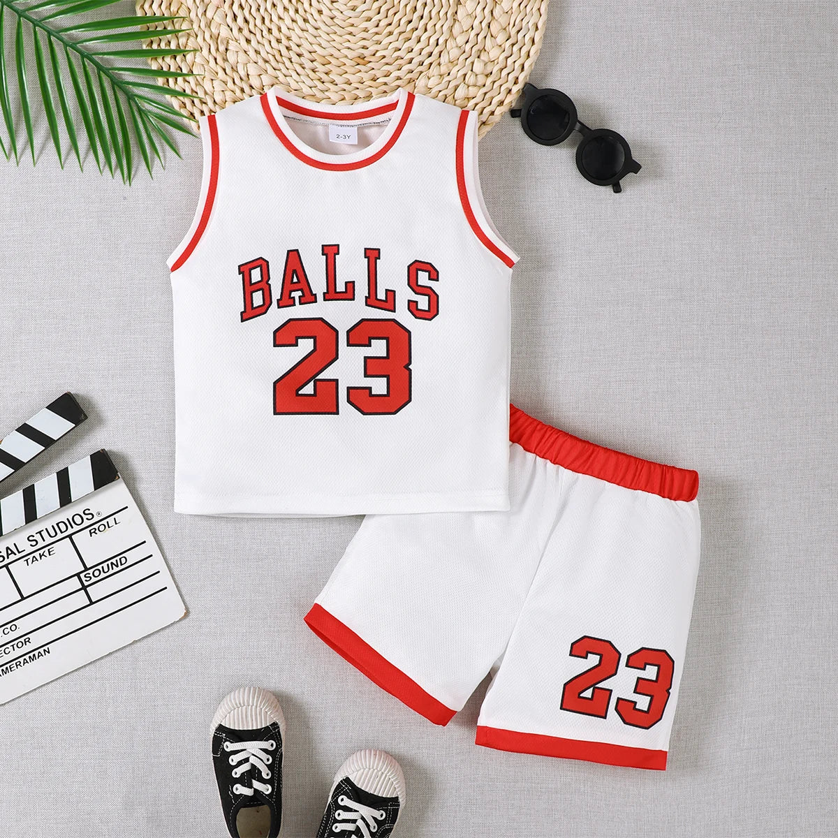 Boys Sports Style Set Round Neck Letter 23 Basketball Suit 2 Piece Summer Outfit in white and red with sleeveless top and matching shorts