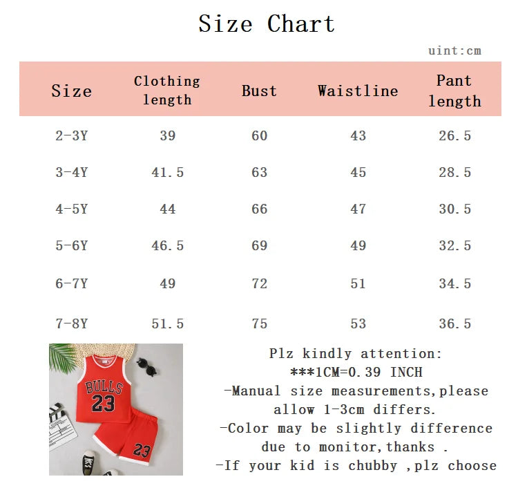 Boys Sports Style Set Round Neck Letter 23 Basketball Suit 2 Piece Summer Outfit size chart with measurements for kids ages 2 to 8